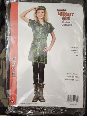 Camouflage Military Girl Costume Dress & Hat - Green